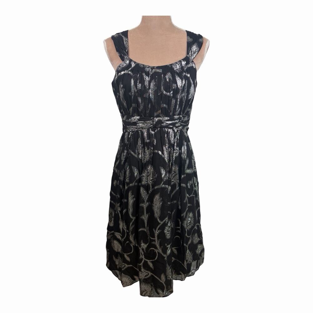 Jones New York Dress Womens 8 Black Silver Silk Metallic Floral Cocktail Dress